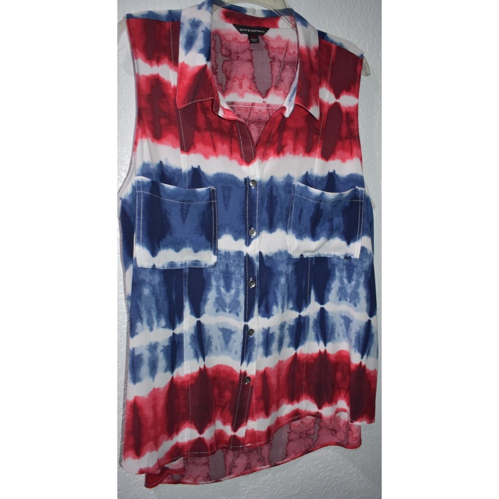 Rock & Republic Sleeveless Button Up XXL Tie Dye Red White Blue Patriotic Top
